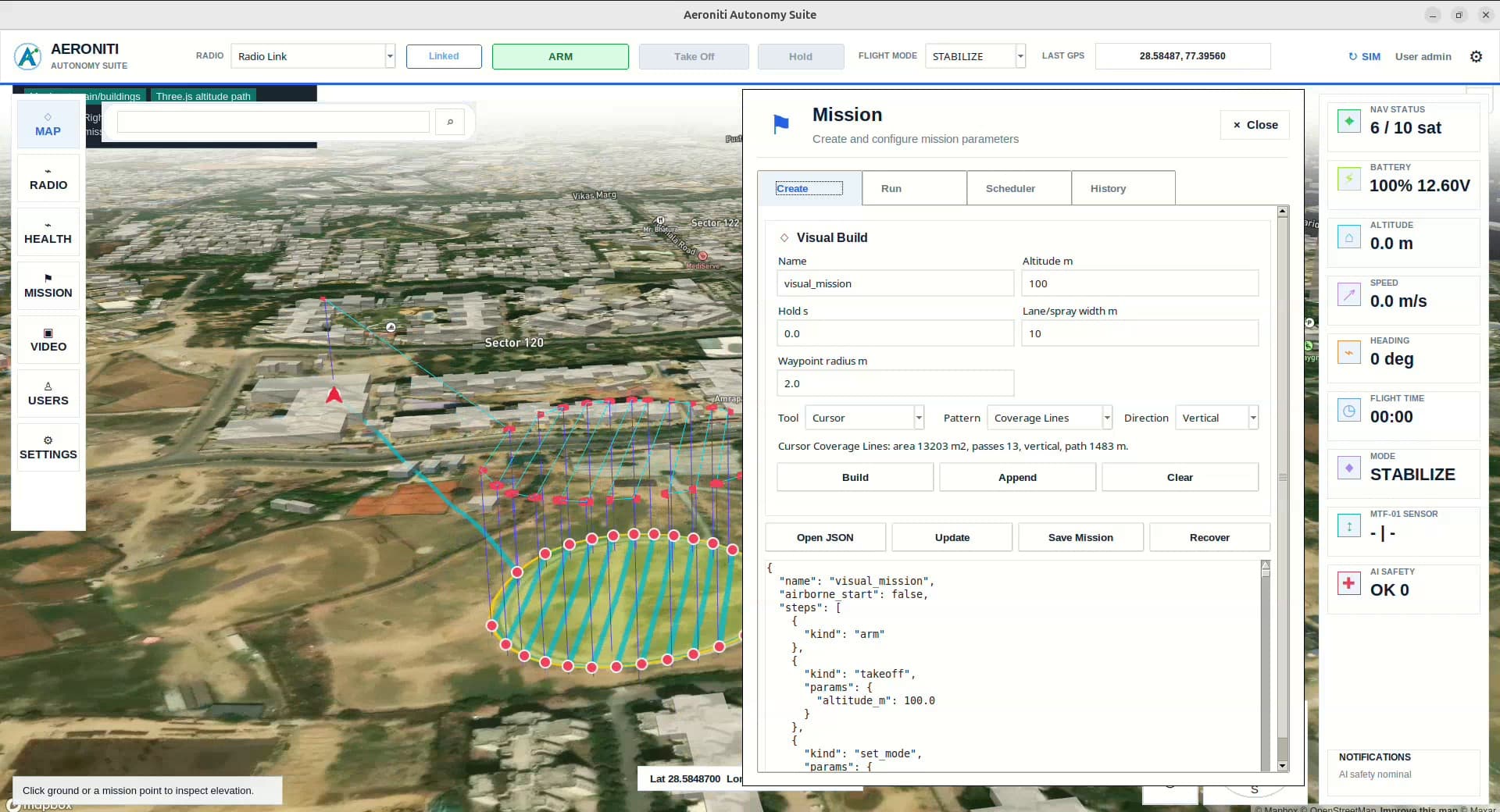 ArduPilot autonomous mission planning with route, altitude, coverage, and waypoint preview
