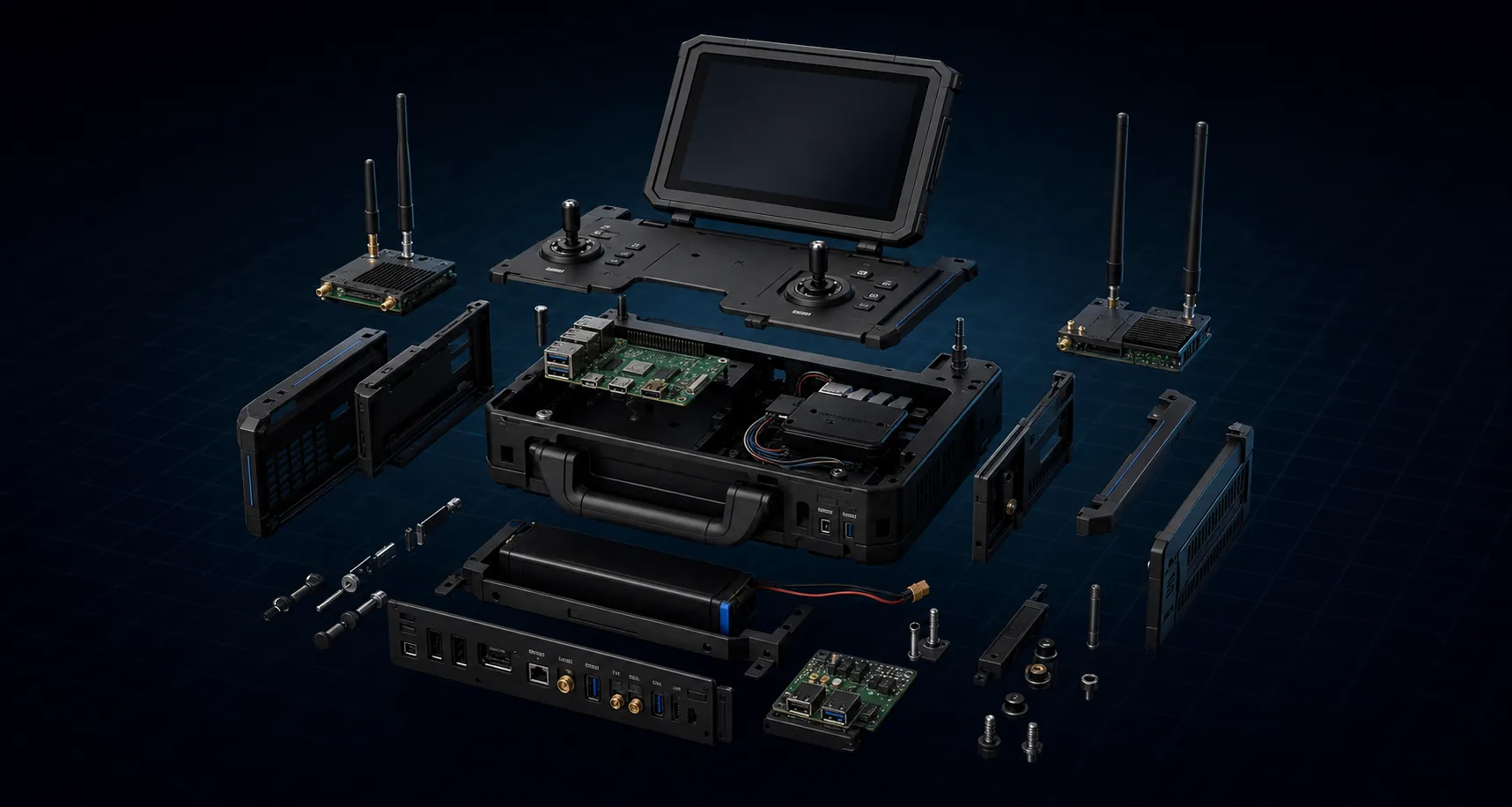 Exploded view of Aeroniti Command One controller hardware, display, compute, radios, battery, controls, ports, and rugged enclosure